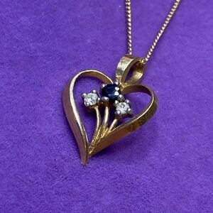 💛 Vintage 10k Yellow Gold Diamond & Sapphire Heart Necklace